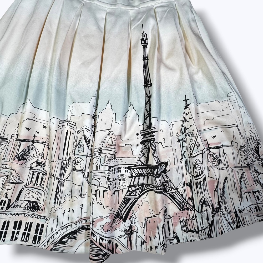 Elle Paris Art Print Midi Skirt 12 Pleated A Line City Scene Graphic Novelty - Picture 5 of 13